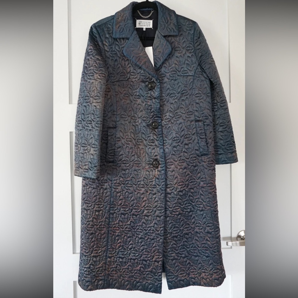 Maison Margiela Single Breasted Midi Coat Blue Sheen Womens Size 36 NWT